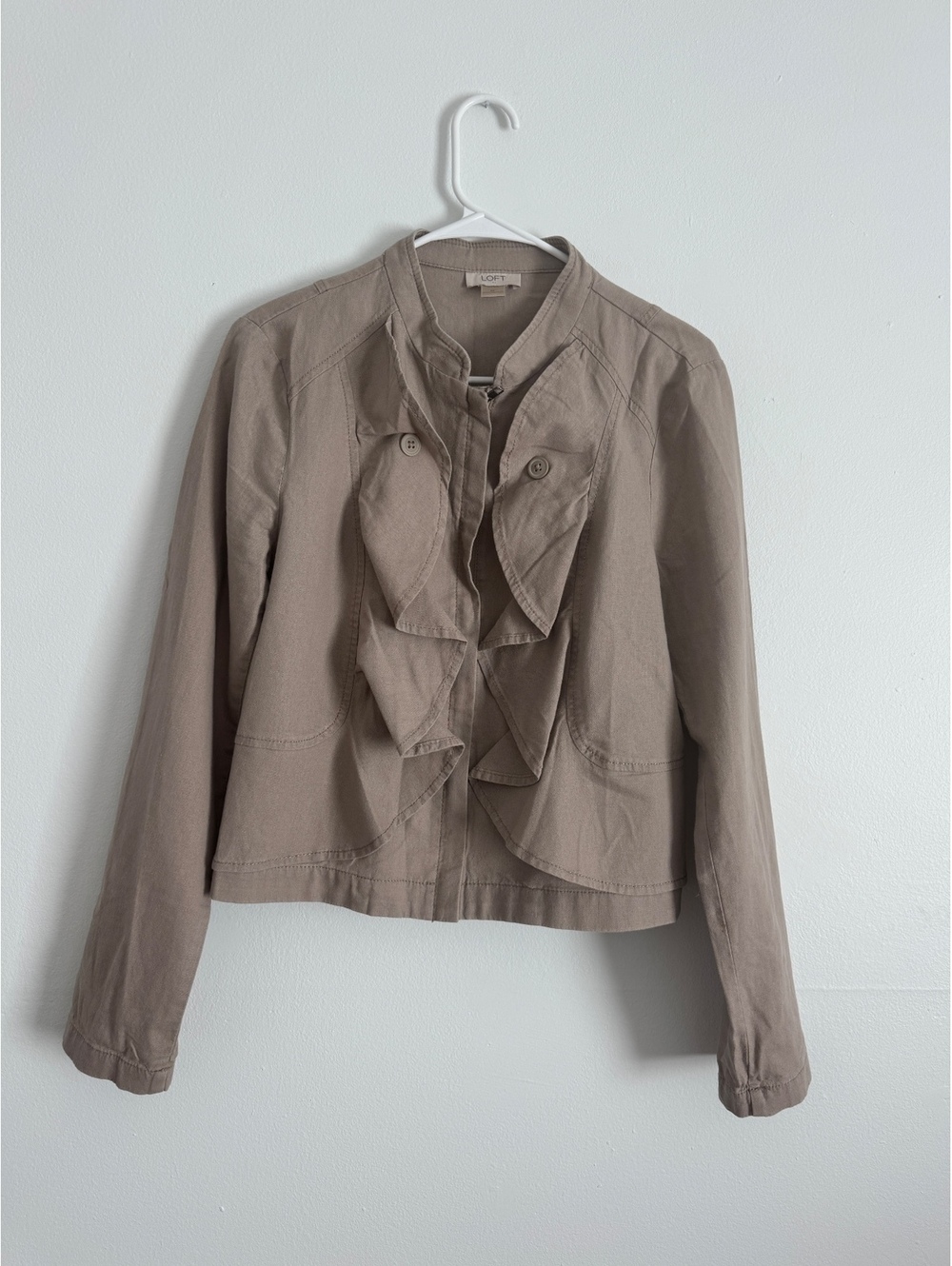 LOFT Women's Linen Cotton Ruffle Front Jacket Medium Taupe